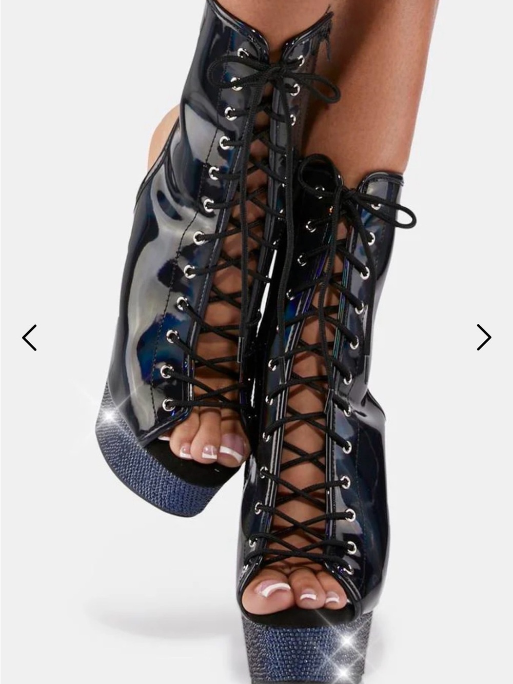 Pleaser Holographic Black Platform Rhinestone Lace-Up Boots sz 12 read post - Picture 15 of 16
